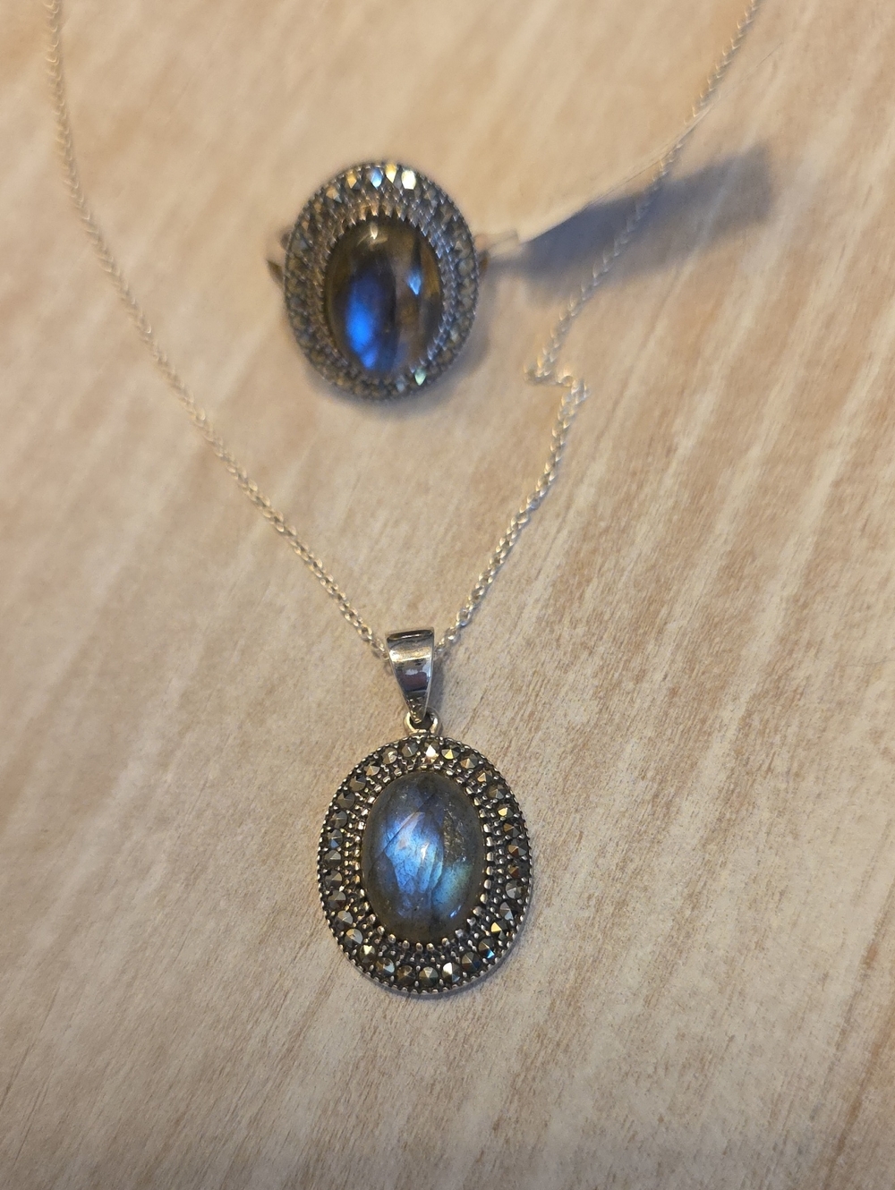 Labradorite Marcasite Halo Sterling Silver Pendant Necklace & Statement Ring Set